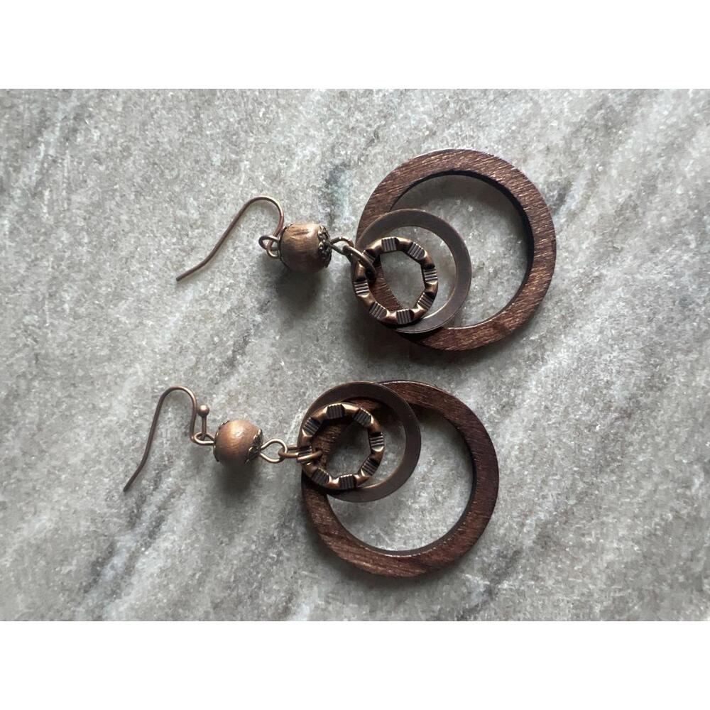 Bohemian Style Wooden and Metal Hoop Earrings